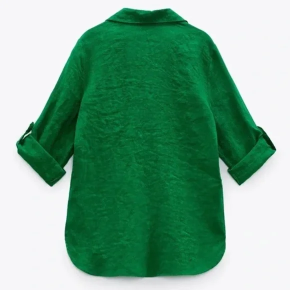 Zara Long Sleeve Button Down Green Blouse Woman’s Size Large - Picture 9 of 11